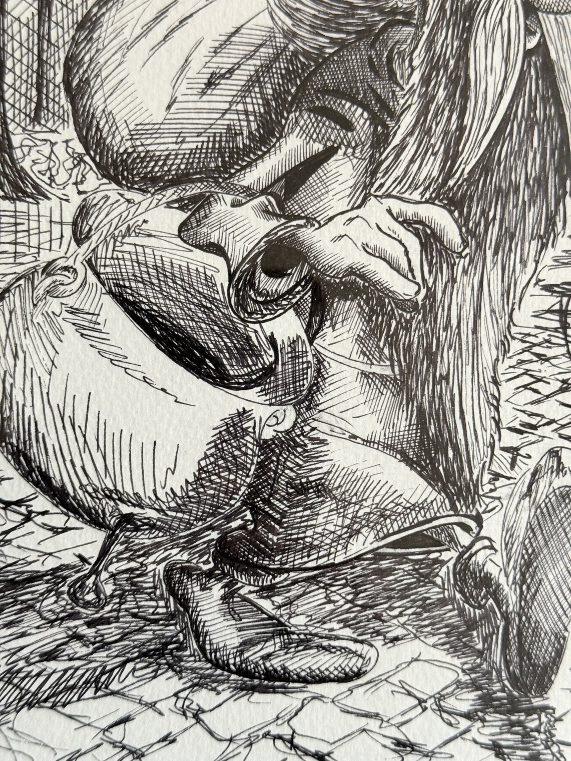 Close-up detail of the lower section of the pen and ink drawing
