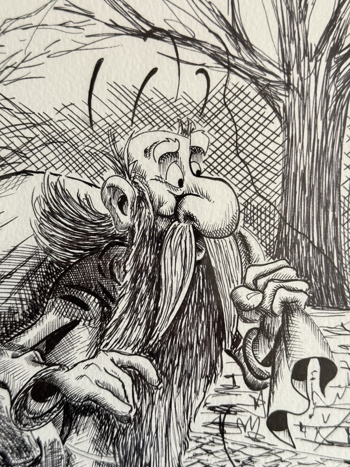 Close-up detail of the upper section of the pen and ink drawing