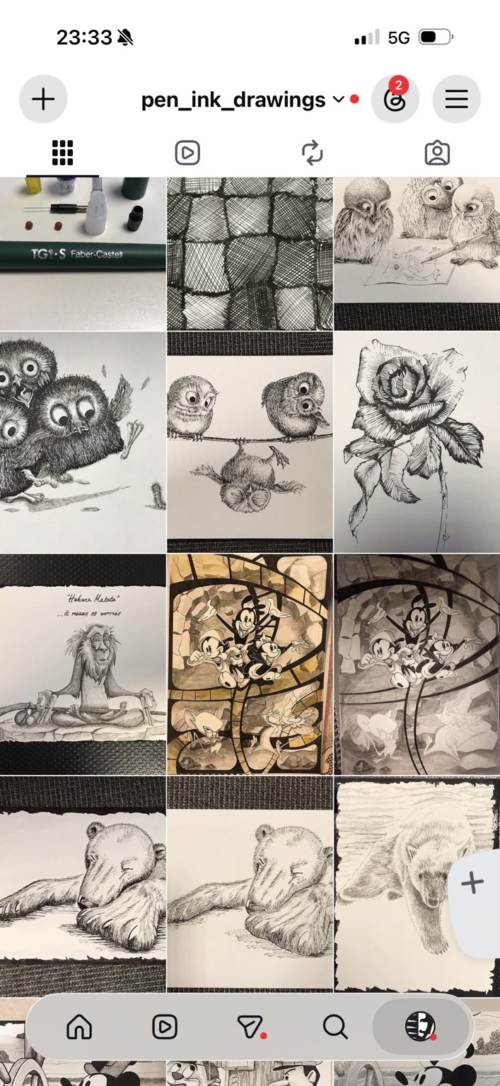 Pen Ink Drawings Instagram grid showing finished pen and ink artworks