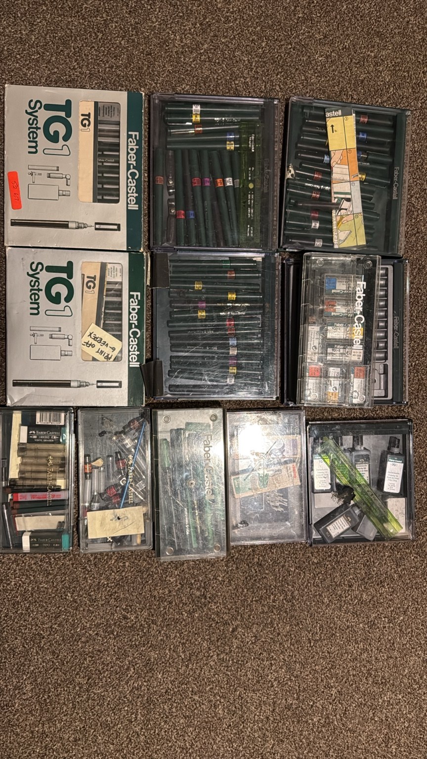 Large collection of vintage Faber-Castell TG1 technical pen sets