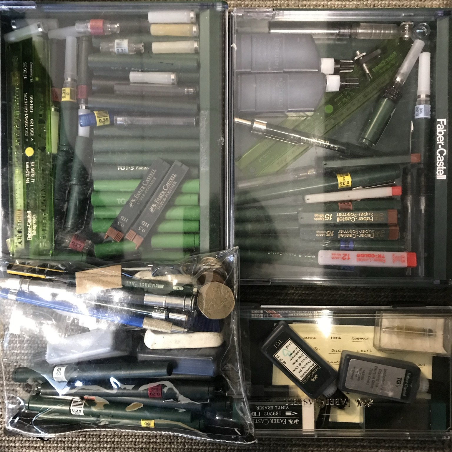 Boxes of drawing pens, nibs, erasers and technical drawing tools